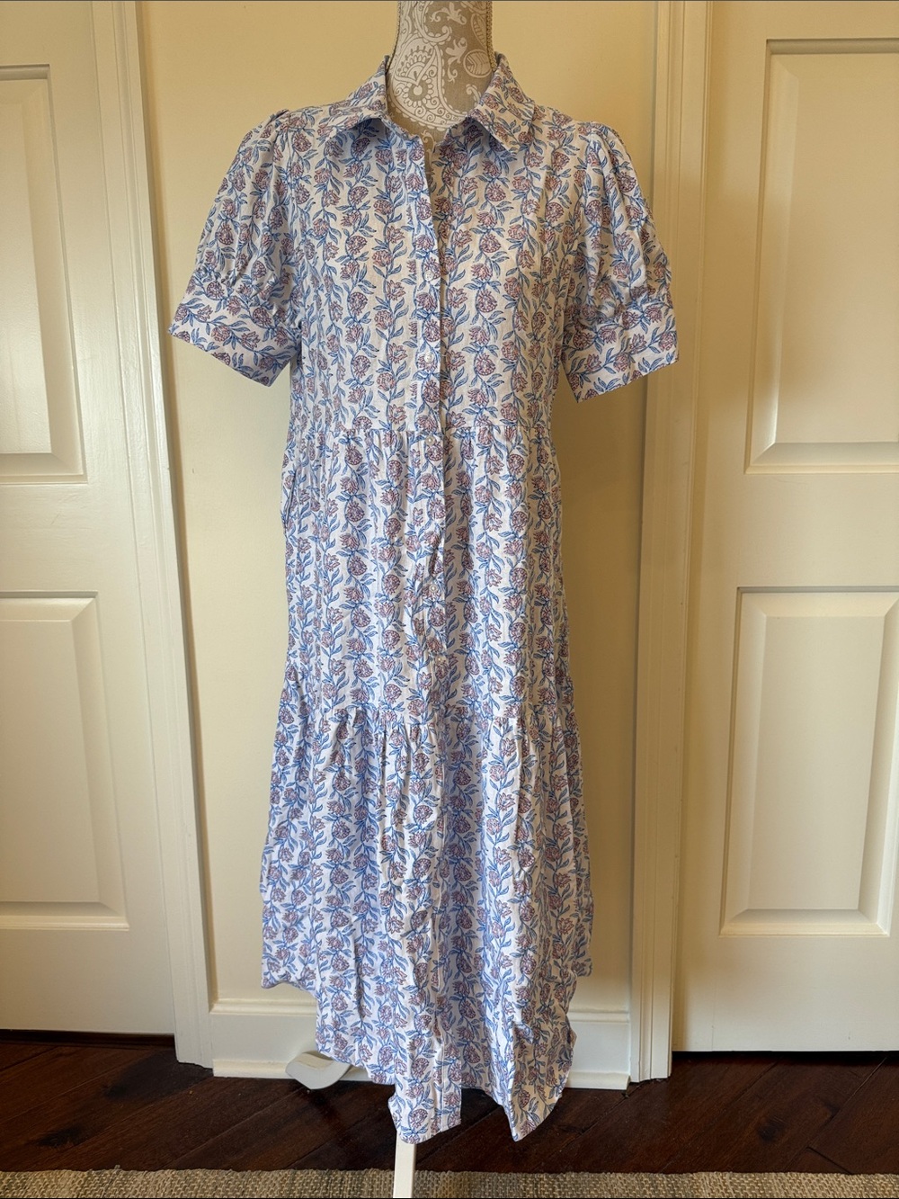 Blue Floral Button-Front Midi Dress